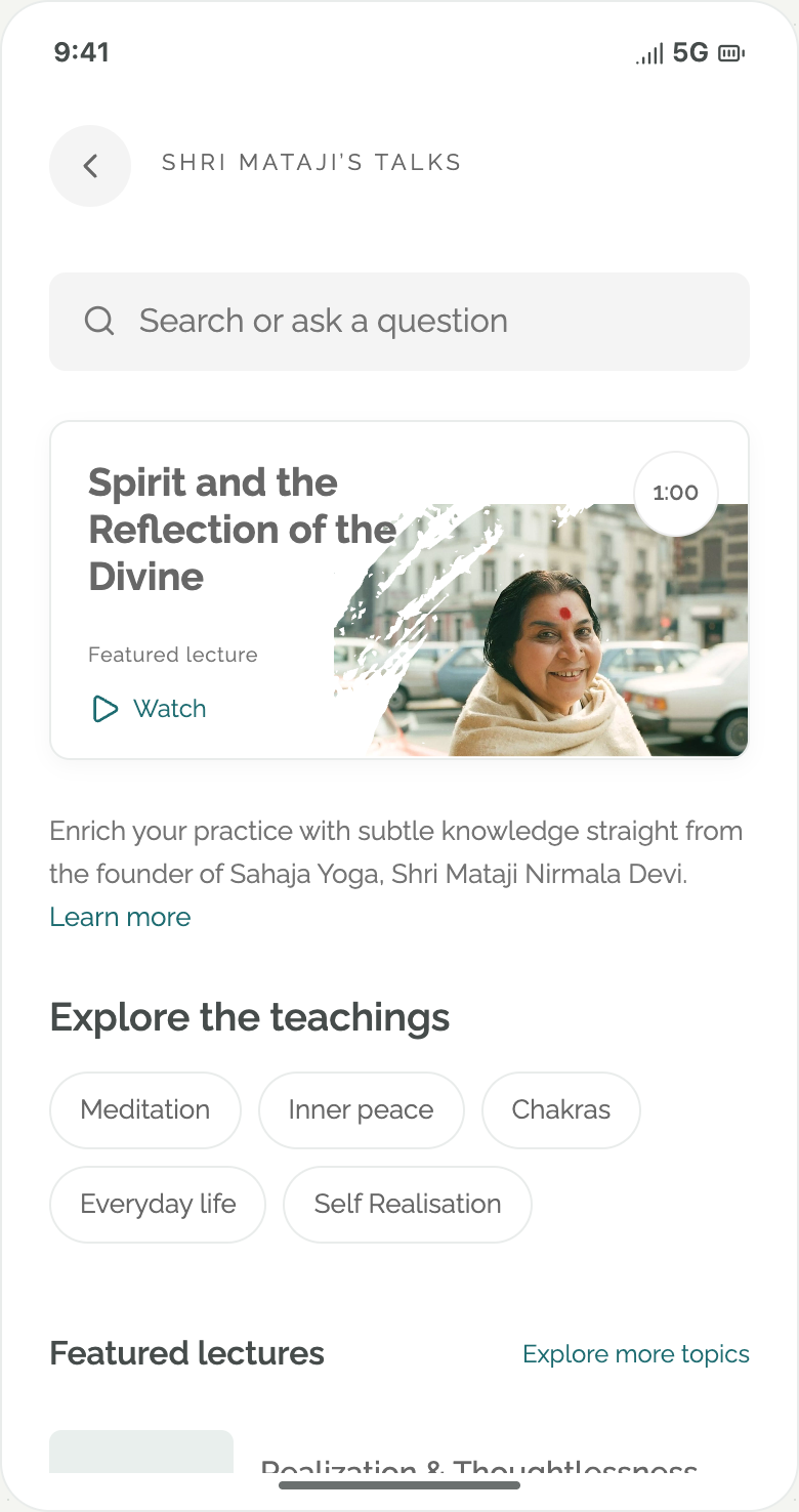 Talk discovery home screen with search, topic tags and featured lectures